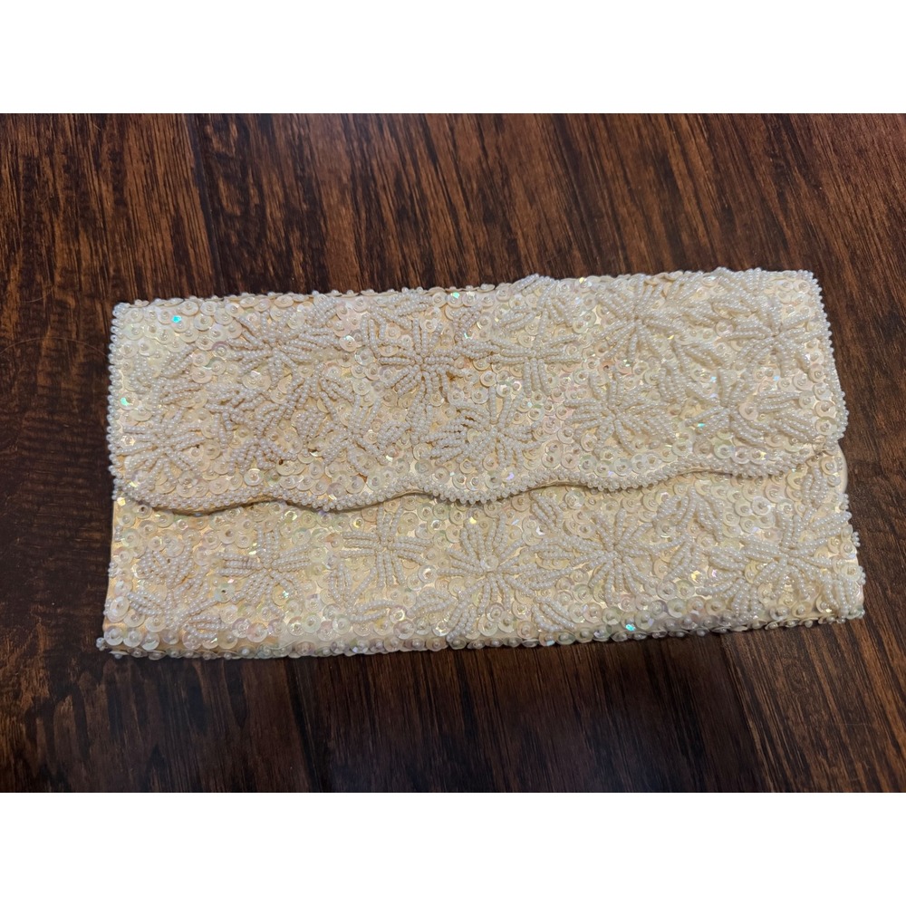 Vintage Beaded Sequin Ivory Satin Clutch Bag Floral Evening Purse Hong Kong